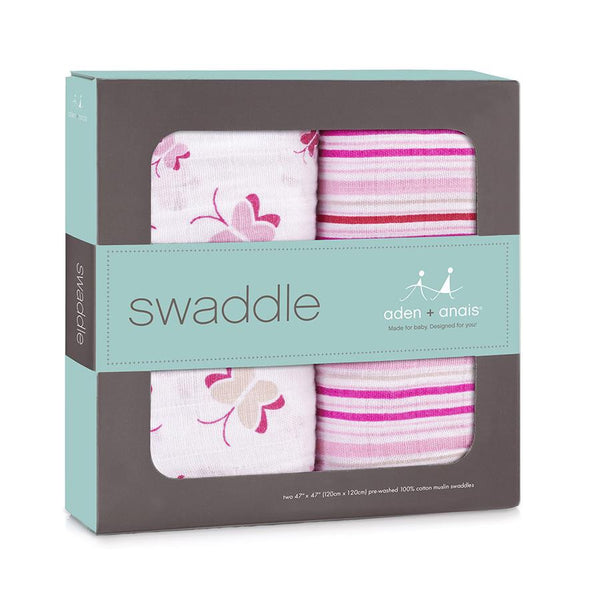 Aden Anais Swaddle Princess Posie - butterflies + stripes 2 pk swaddling wraps.